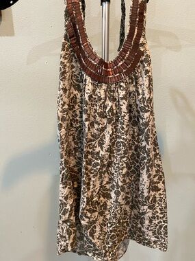 Elle Beaded-Neckline Printed Halter Top - Brown & Cream